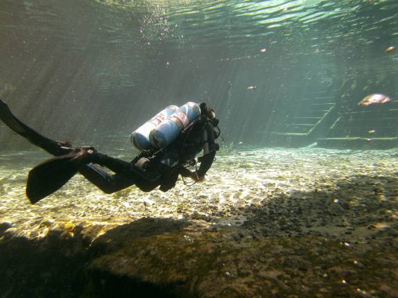 Nadando para a plataforma no final de merguulho em Ginnie Springs, na Flórida, nos Estados Unidos
